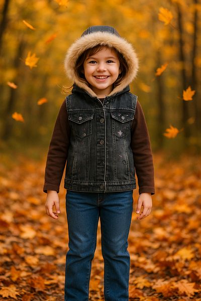 Hilal Akıncı Kids Girl's Back Hand Painted Sheepskin Denim Vest