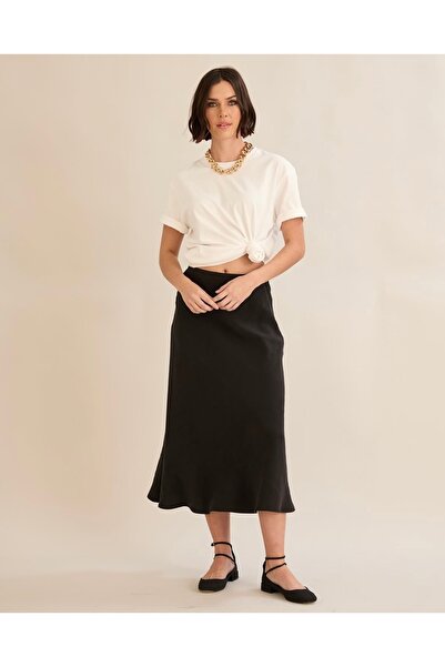 OYERGA MODA Γυναικεία μαύρη λινή φούστα