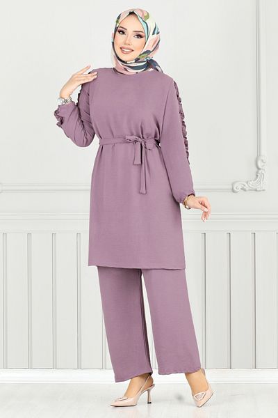 ModaMerve Aerobin Suit with Ruffled Sleeves 6015Uz1029-M Dark Lilac