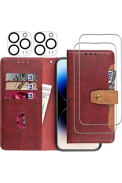 Gimane Case Set With 2 Screen Protectors And 2 Cameras For Iphone 14 Pro Max, Pu Leather