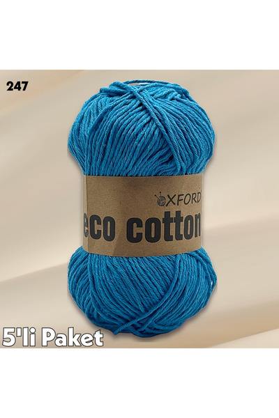Oxford İplik 5'li Paket Eco Cotton - 100 gram 200 metre %100 Rejenere Pamuk Örgü İpi - 247 Koyu Turkuaz