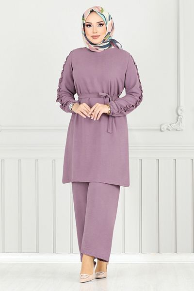 ModaMerve Aerobin Suit with Ruffled Sleeves 6015Uz1029-M Dark Lilac