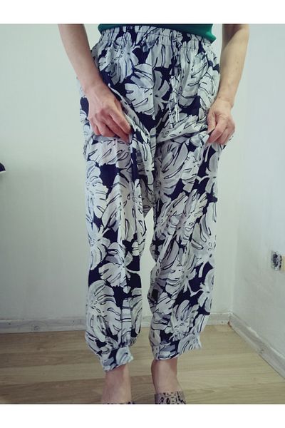 hoaryage Viscose Trousers with Cuffs, Elastic Waist, Patterned 100% Cotton, Oversize