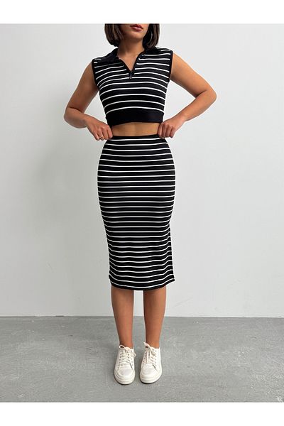 BEJNA Women's Black Striped Polo Neck Skirt Bottom Top Set