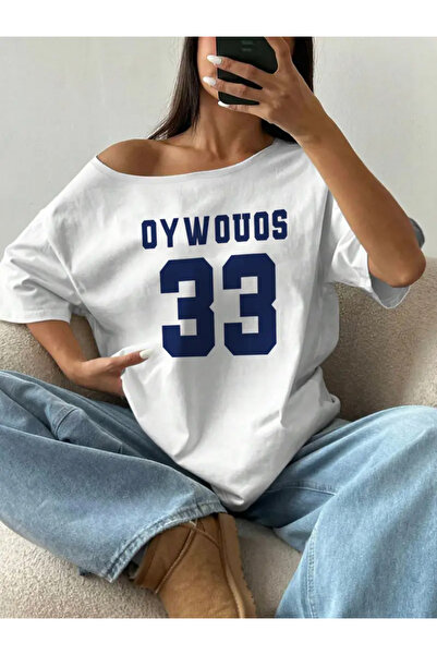 npLStore تي شيرت نسائي مطبوع برقبة قارب وأكتاف منخفضة