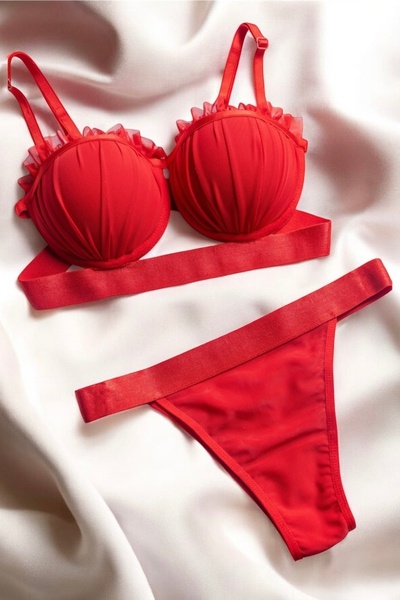 LİBELLA İÇ GİYİM Women's Red Lace Tulle Detailed Covered Bra Set - Stylish Underwear Set of 2