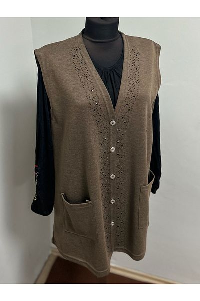 MSA Giyim Women's Stone Detailed Pocketed Seasonal Mother's Vest Buttoned Combed Cotton Mother's Vest