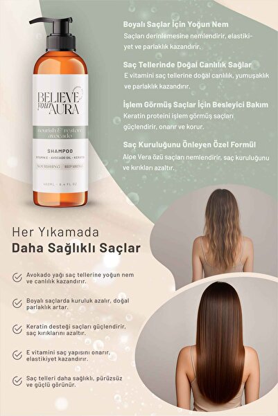 Believe Your Aura Avokado Yağı Şampuanı - E Vitamini Keratin %100 Doğal Besleyici Onarıcı Saç Bakım Şampuanı - 400 ml