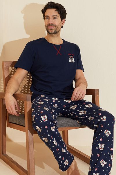Siyah İnci Navy Blue Patterned Crew Neck Knitted Pajama Suit 25109831