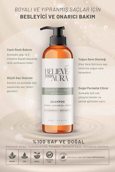 Believe Your Aura Avocado Oil Shampoo - Vitamin E Keratin 100% Natural Nourishing Repairing Hair Care Shampoo - 400 ml