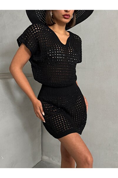 BEJNA Γυναικείο μαύρο βαμβακερό φόρεμα παραλίας με ελαστική μέση πλεκτό Pareo