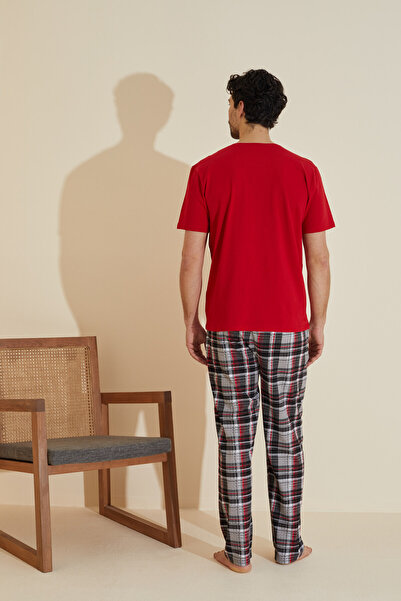 Siyah İnci kırmızı desenli Bisiklet Yaka Baskılı Örme Pijama Takım 25109828