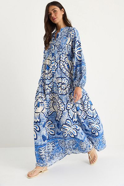 Bianco Lucci Rochie maxi din viscoză, cu decolteu în V, cu nasturi, pentru femei 2423 60283334