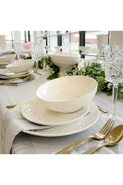 BRANDANI Set 18 Farfurii Din Portelan Alb Cu Model Floral In Relief Delizie