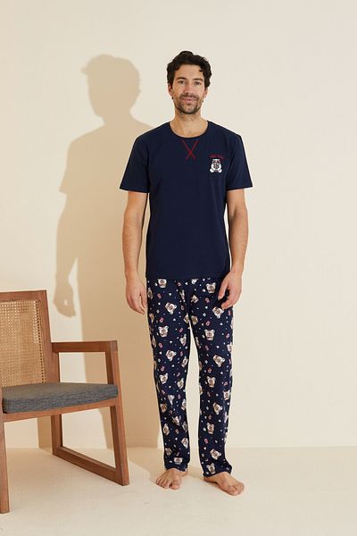 Siyah İnci Navy Blue Patterned Crew Neck Knitted Pajama Suit 25109831