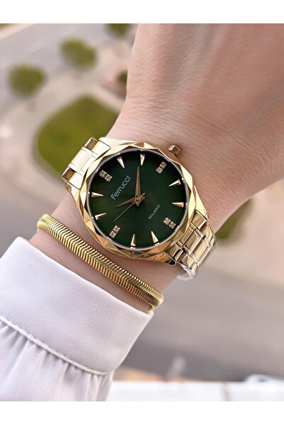 Ferrucci Gold Kasa Kordon Yeşil Katran Kadın Kol Saat 30 Mt Suya Dayanıklı Çe...
