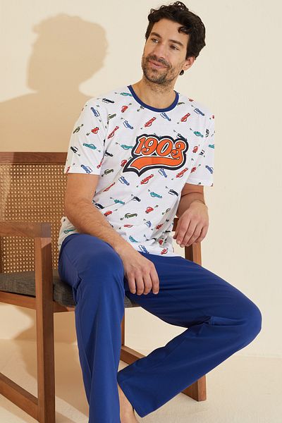 Siyah İnci Costum de pijama tricotat imprimat cu decolteu rotund cu model de culoare albă 25109830