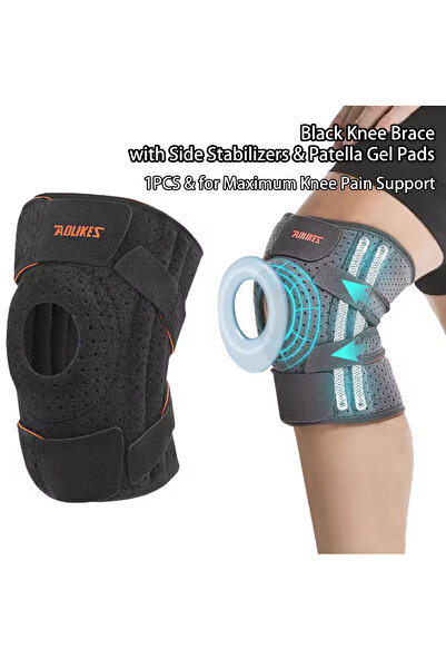 Aolikes دعامة ركبة سوداء مكونة من قطعة واحدة مع مثبتات جانبية ووسادات جل الرض...