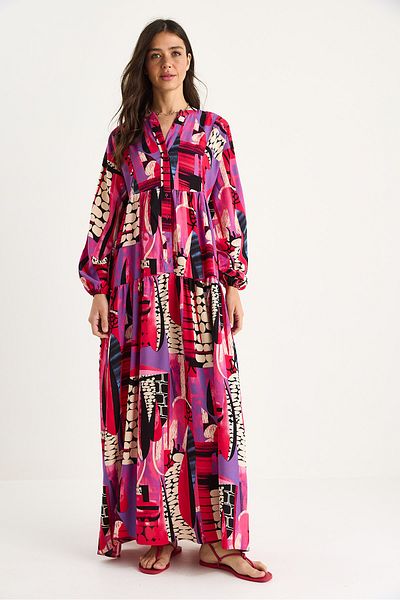 Bianco Lucci Women's V-Neck Patterned Button Detailed Maxi Viscose Dress 2423 60283334