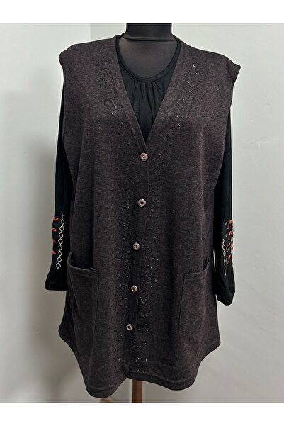 MSA Giyim Дамски кардиган с камъни и джобове за майките, закопчаващ се с копчета