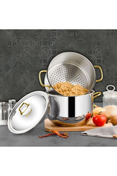 ÖZLİFE Ela 3 Parça 26 Cm Süzgeçli Tencere Sade Gold