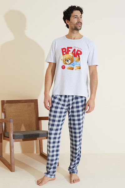 Siyah İnci Gray Patterned Crew Neck Knitted Pajama Suit 25109844