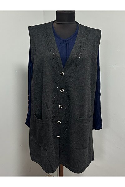 MSA Giyim Women's Stone Detailed Pocketed Seasonal Mother's Vest Buttoned Combed Cotton Mother's Vest