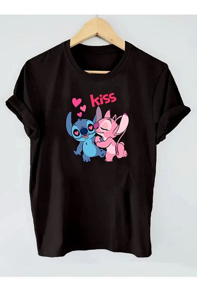 makiteks Tricou imprimat Lilo Stitch pentru femei, unisex, supradimensionat, cu decolteu, cu imprimeu, alb, negru, gri