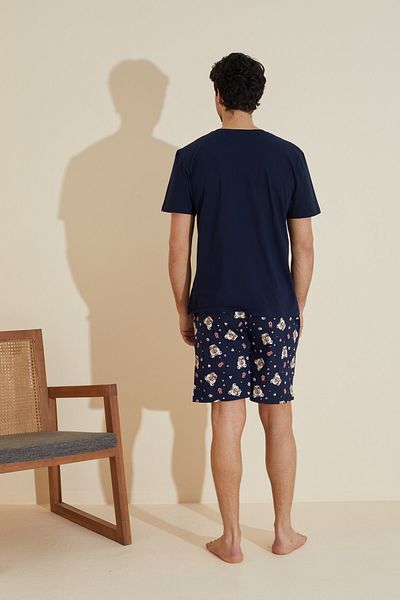 Siyah İnci Navy Blue Patterned Crew Neck Knitted Shorts Suit 25109631