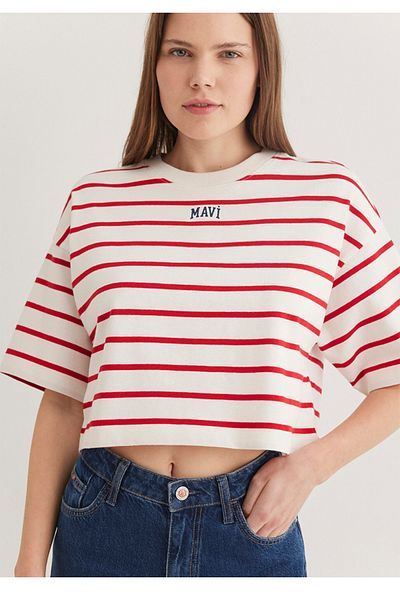 Mavi Logo Printed Crop Red Striped Women's T-Shirt