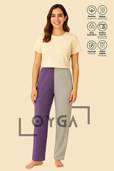 Oyga Γυναικείο πάτο πιτζάμα με ραβδώσεις Colorblock 3 τεμαχίων – Συνδυασμός χρωμάτων μόδας