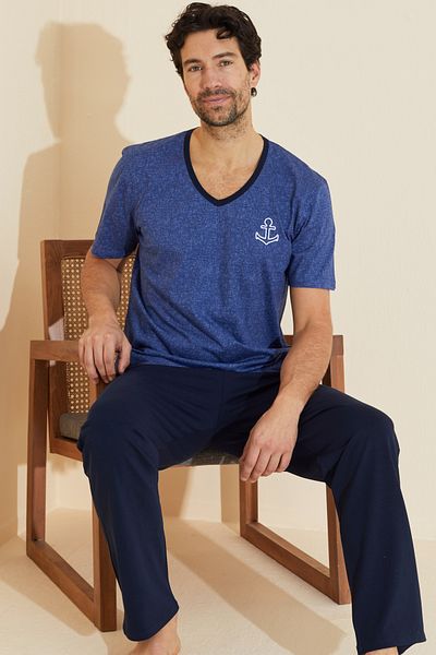 Siyah İnci Navy Blue Patterned Crew Neck Knitted Pajama Suit 25109834
