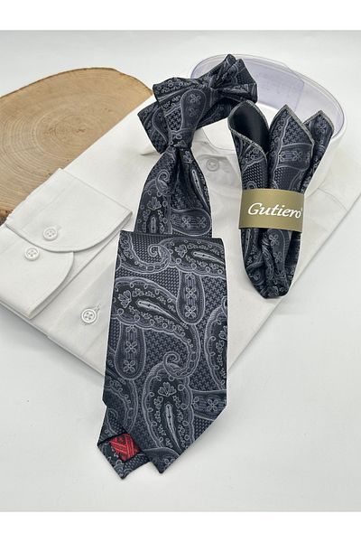Gutiero Black Smoked Paisley Patterned Classic Tie with Handkerchief