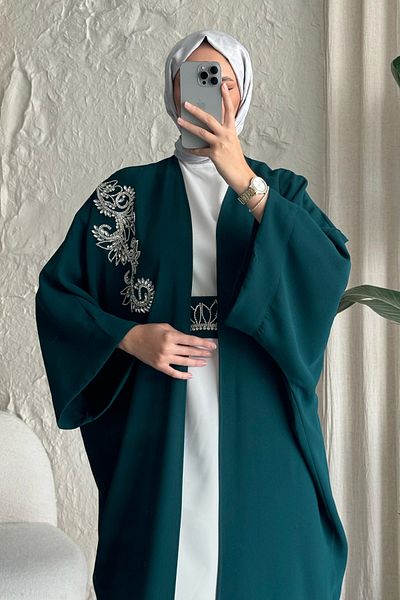 InStyle Stoned Collar Bat Sleeve Dress Abaya Petrol Blue