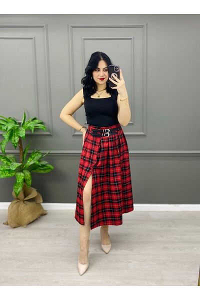 EGELİMODA Belted Midi Length Flared Plaid Skirt