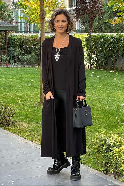 Nevin Kaya Moda Cardigan de bază negru de mărime lungă cu buzunare duble