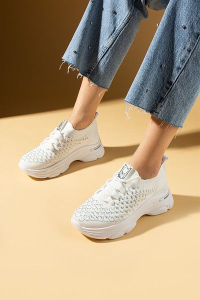 Pembe Potin Women's New Season White Silver Stylish Sneaker Lace-Up Daily Comfortable Sole Shoes