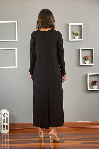 Nevin Kaya Moda Rochie neagră din bumbac pieptănat cu mânecă lungă