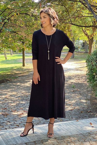 Nevin Kaya Moda Μαύρο μακρυμάνικο βαμβακερό χτενισμένο βαμβακερό φόρεμα