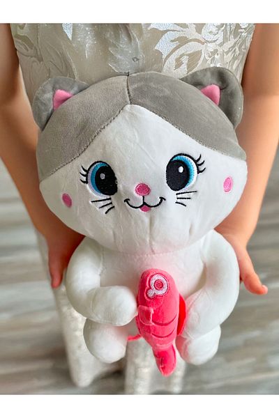 PoppyPlays Cat Holding a Fish Plush Toy Large 40cm - Sailor Cat Fluffy Gift