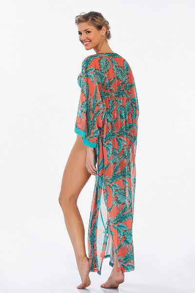 Bravie Women's Orange Leaf Patterned Turquoise Pareo 6124