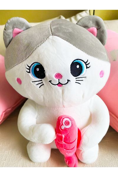 PoppyPlays Cat Holding a Fish Plush Toy Large 40cm - Sailor Cat Fluffy Gift