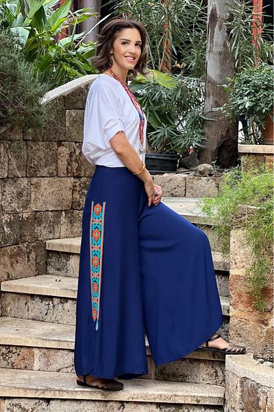 Nevin Kaya Moda Navy Blue Side Stripe Embroidered Trousers