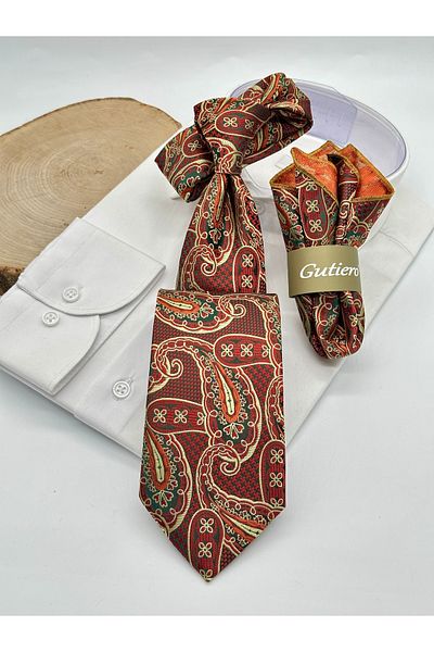 Gutiero Classic Tie with Tile Gold Paisley Patterned Handkerchief