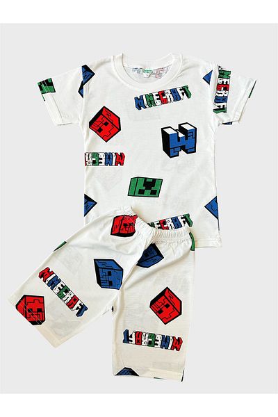TOFU KİDS Boys' Cotton White Color Block Game Patterned Short Sleeve Shorts Summer Pajama Suit