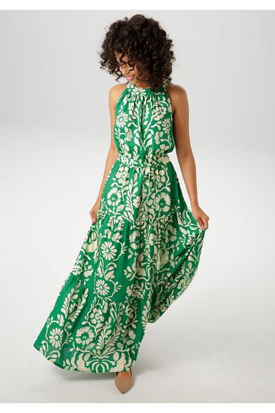 Şans Women's Plus Size Green, Halter Neck, Floral Print, Woven Viscose Long Dress 65N38964