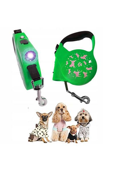 zola Mechanical dog leash, with flashlight, 3m, maximum weight 15 kg, green
