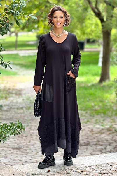 Nevin Kaya Moda Μαύρο φόρεμα με δαντέλα - τσέπη και στρίφωμα