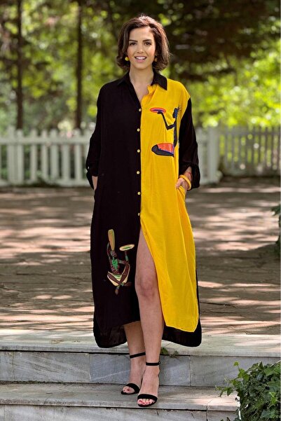 Nevin Kaya Moda 100% памучна черно-жълта рокля-риза с апликация от Гана