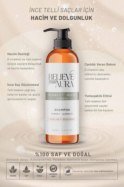 Believe Your Aura Sweet Almond Oil Shampoo - Volumizing and Plumping Natural Hair Care Shampoo with Vitamin D - 400 ml